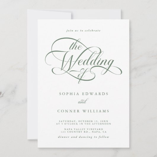 Sage Green Delicate Elegant Script Wedding Kaart (Voorkant)