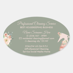 Sage Green Dienstmeisje Spray Bloem Schoonmaken Ovale Sticker
