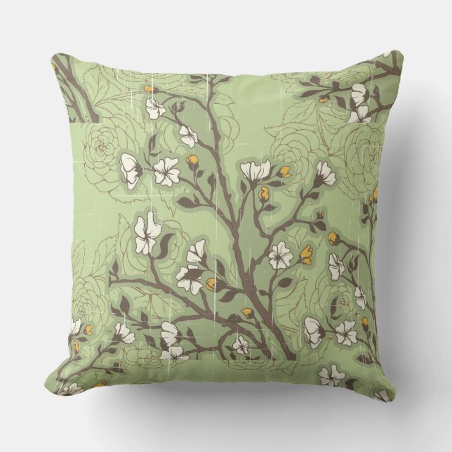 Sage Green Distressed Asian Floral Sierkussen (Voorkant)