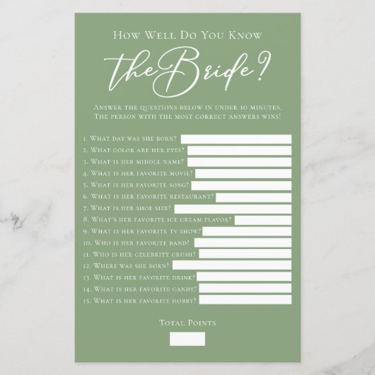 Sage Green Do You Know the Bride Well Shower Game (Voorkant)