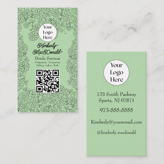 Sage Green doula diensten script logo QR code Visitekaartje (Voorkant / Achterkant)