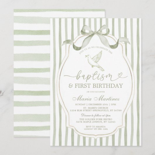 Sage Green Dove Baptism First Birthday Kaart (Voorkant / Achterkant)