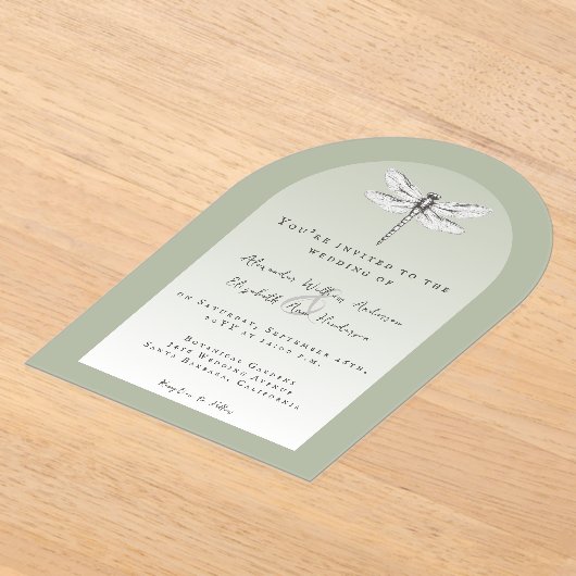 Sage Green Dragonfly Wedding Acryl Uitnodigingen (Laagn)
