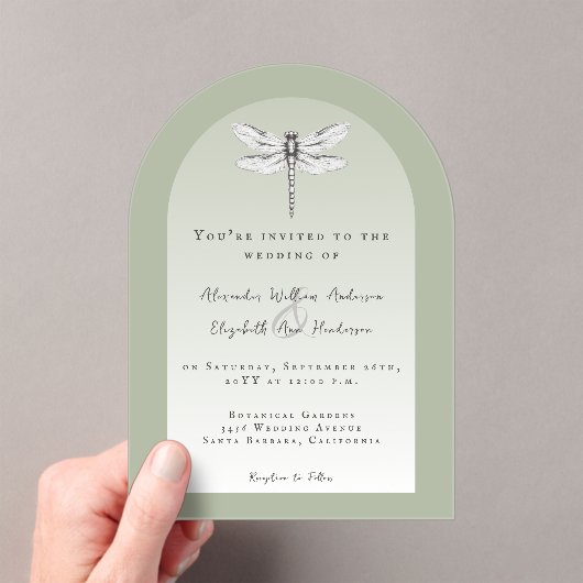 Sage Green Dragonfly Wedding Acryl Uitnodigingen (Insitu (Draagbaar))