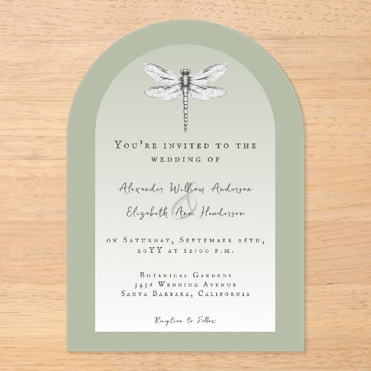 Sage Green Dragonfly Wedding Acryl Uitnodigingen (Voorkant)