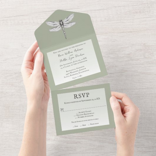 Sage Green Dragonfly Wedding All In One Uitnodiging (Afscheurbaar)