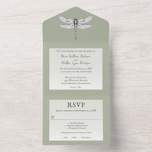 Sage Green Dragonfly Wedding All In One Uitnodiging (Binnen)
