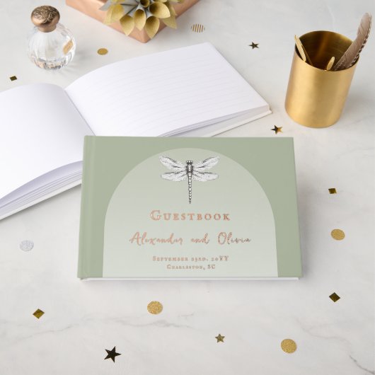 Sage Green Dragonfly Wedding Gastenboek (Voorkant open)