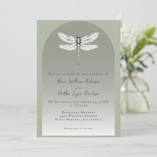 Sage Green Dragonfly Wedding Kaart (Staand voorkant)