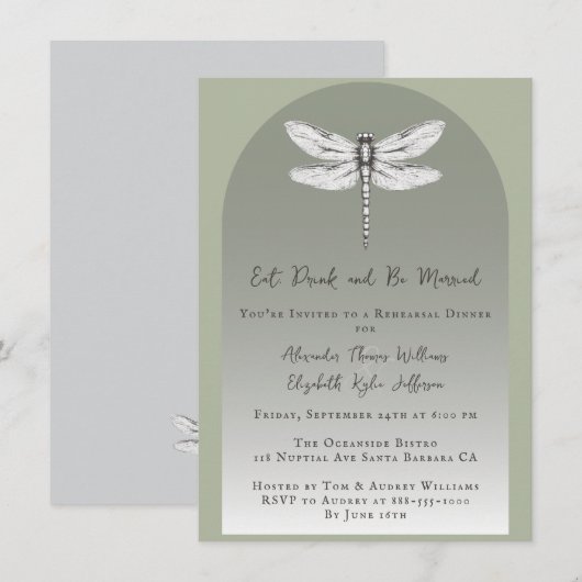 Sage Green Dragonfly Wedding repetitie diner Kaart (Voorkant / Achterkant)