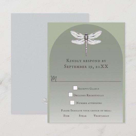 Sage Green Dragonfly Wedding RSVP Kaartje (Voorkant / Achterkant)