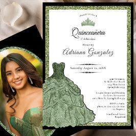 Sage Green Dress & Tiara Custom Photo Quinceanera Kaart