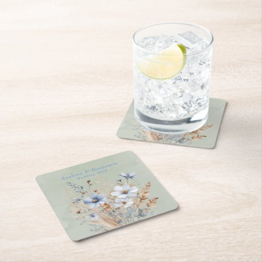 Sage Green Dusty Blue Wildflower Wedding Kartonnen Onderzetters (Insitu)