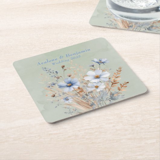 Sage Green Dusty Blue Wildflower Wedding Kartonnen Onderzetters (Schuin)