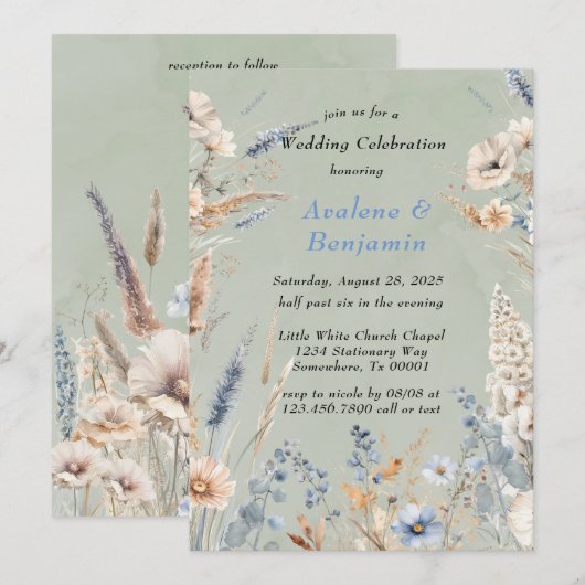 Sage Green & Dusty Blue Wildflowers Huwelijk Kaart (Voorkant / Achterkant)