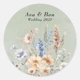 Sage Green Dusty Blue Wildflowers Wedding Ronde Sticker