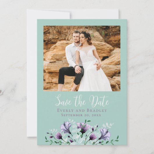 Sage Green Dusty Paarse Bloemen Save the Date Kaart (Voorkant)