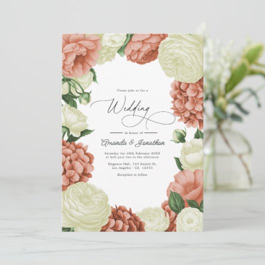 Sage Green, Dusty Peach & Ivory Floral Wedding Kaart (Staand voorkant)
