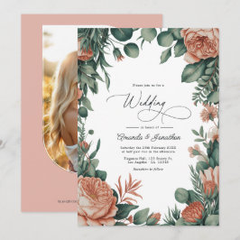 Sage Green & Dusty Peach Watercolor Floral Wedding Kaart