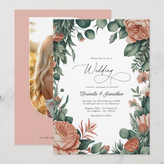 Sage Green & Dusty Peach Watercolor Floral Wedding Kaart (Voorkant / Achterkant)