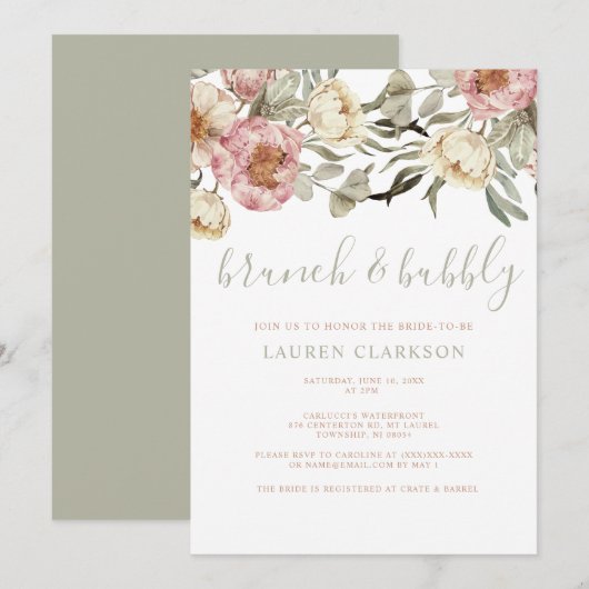 Sage Green Dusty Pink Floral Brunch Vrijgezellenfe Kaart (Voorkant / Achterkant)