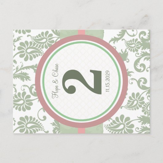 Sage Green Dusy Roos op White Table Number Briefkaart (Voorkant)