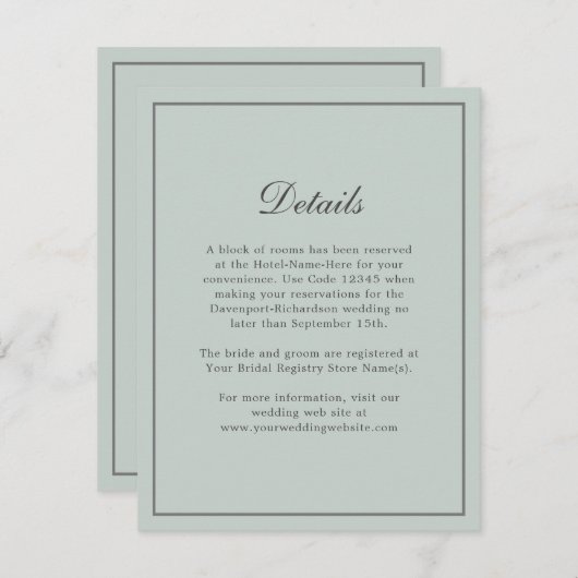Sage Green Eenvoudige Elegante Trouwinfo Details Informatiekaartje (Voorkant / Achterkant)