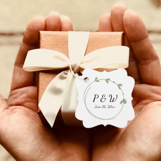 Sage Green Eenvoudige Hart Krans Monogram Trouwen Bedankjes Labels