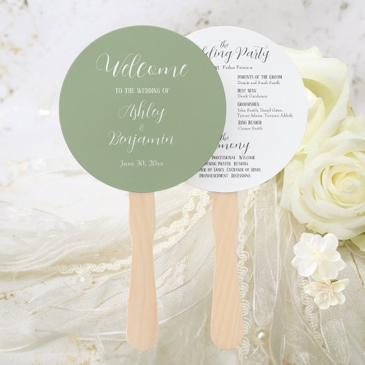 Sage Green Eenvoudige Huwelijksceremonie Programma Handwaaier