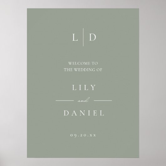 Sage Green Eenvoudige Monogram Huwelijk Welkom Tek Poster (Voorkant)