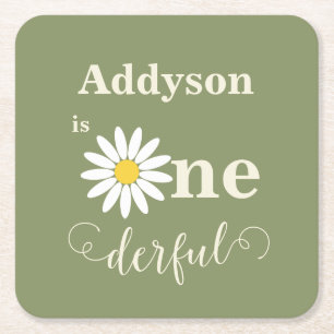 Sage Green Eerste Verjaardag Daisy Kartonnen Onderzetters