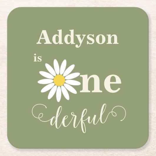 Sage Green Eerste Verjaardag Daisy Kartonnen Onderzetters (Voorkant)