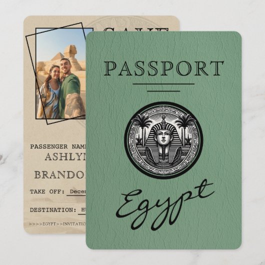 Sage Green Egypt Passport Wedding Save the Date (Voorkant / Achterkant)