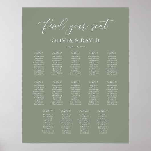 Sage Green Elegant 14 tafel Zitkaart Poster (Voorkant)