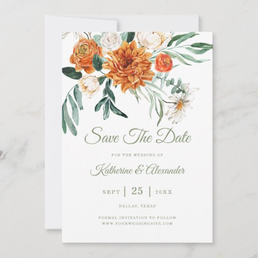 Sage Green Elegant Bloemen Sinaasappel Foto bruilo Save The Date (Voorkant)