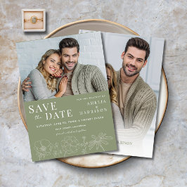 Sage Green Elegant Bloemen Twee foto bruiloft Save The Date