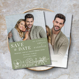 Sage Green Elegant Bloemen Twee foto bruiloft Save The Date
