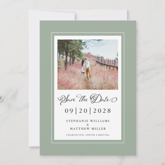 Sage Green Elegant Borders Foto Chic Verloving Save The Date (Voorkant)
