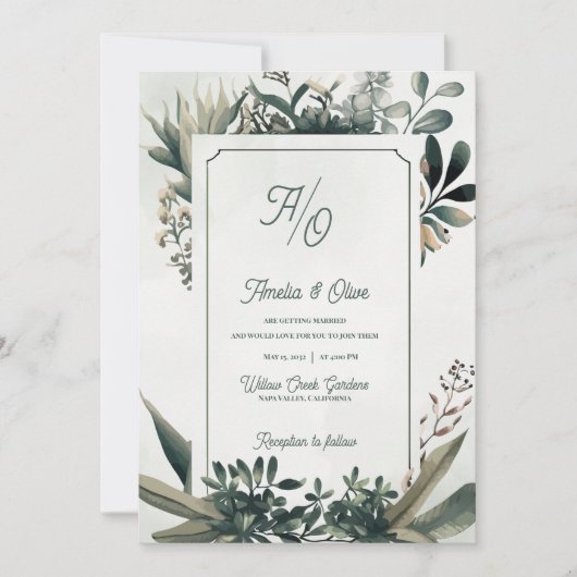 Sage Green Elegant Botanical Greenery Wedding Kaart (Voorkant)