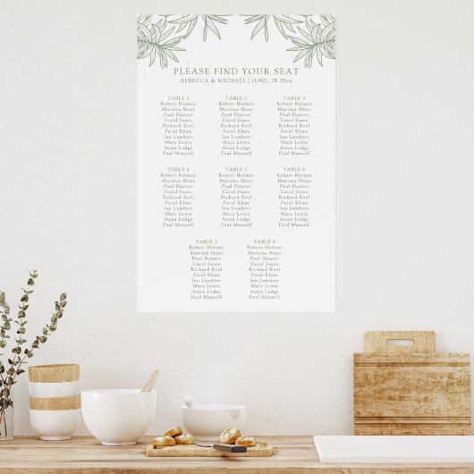 Sage Green Elegant Botanische Zitting Chart Poster (Keuken)