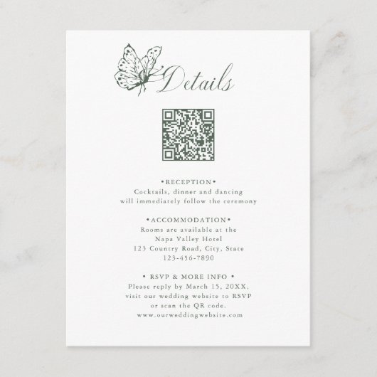 Sage Green Elegant Calligraphy Wedding Details Informatiekaartje (Voorkant)