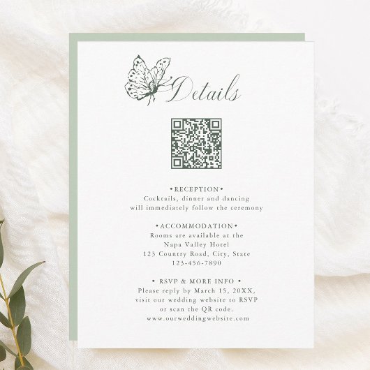 Sage Green Elegant Calligraphy Wedding Details Informatiekaartje
