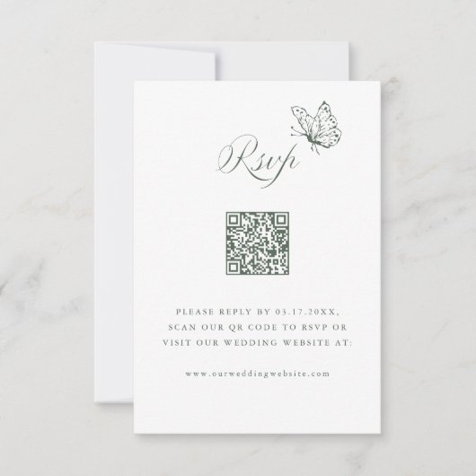 Sage Green Elegant Calligraphy Wedding QR Code RSVP Kaartje (Voorkant)