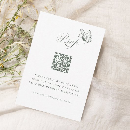 Sage Green Elegant Calligraphy Wedding QR Code RSVP Kaartje