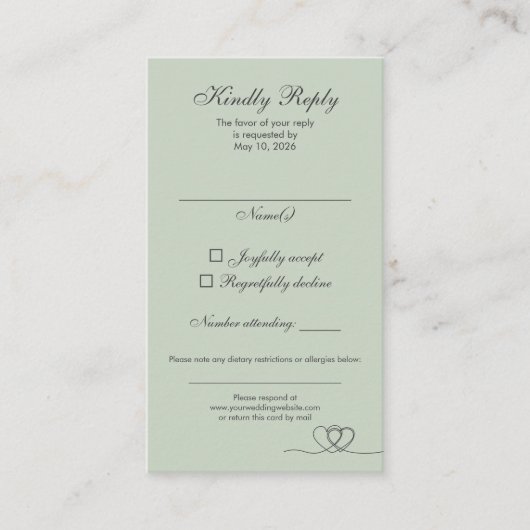 Sage Green Elegant Calligraphy Wedding RSVP Card Visitekaartje (Voorkant)