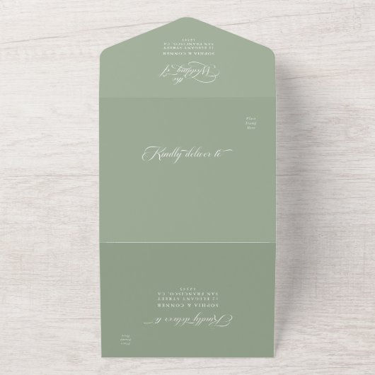 Sage Green Elegant Charm Script Wedding All In One Uitnodiging (Buitenkant)