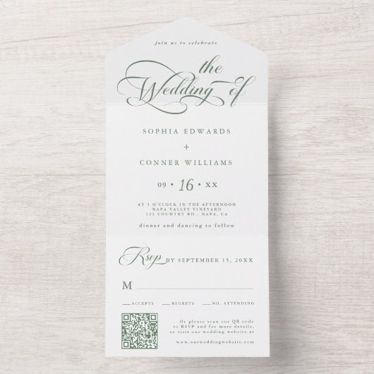 Sage Green Elegant Charm Script Wedding All In One Uitnodiging (Binnen)
