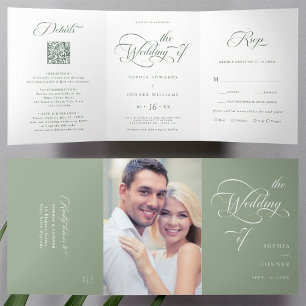 Sage Green Elegant Charm Script Wedding Drieluik Uitnodiging