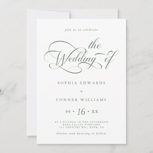 Sage Green Elegant Charm Script Wedding Kaart (Voorkant)