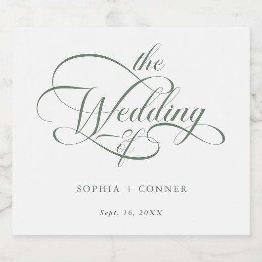 Sage Green Elegant Charm Script Wedding Sparkling Wijnetiket (Enkel label)